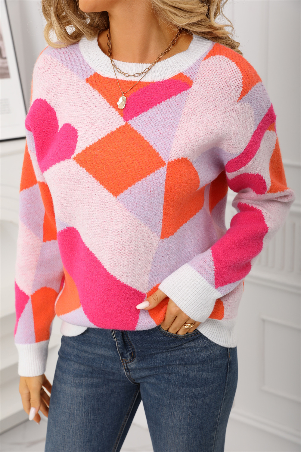 Women's Checkered Heart Crewneck Knit Sweater