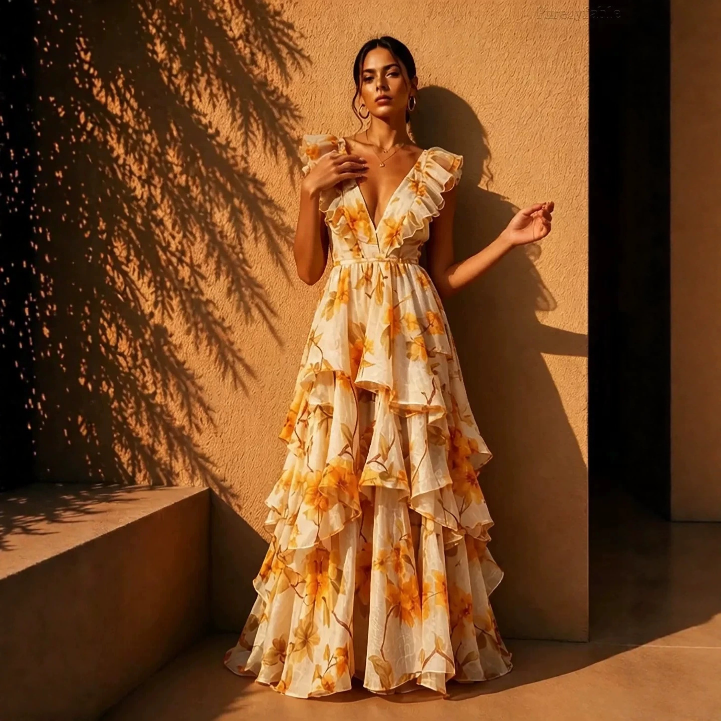 Yellow Floral Sleeveless Deep V Ruffle Tiered Maxi Dress