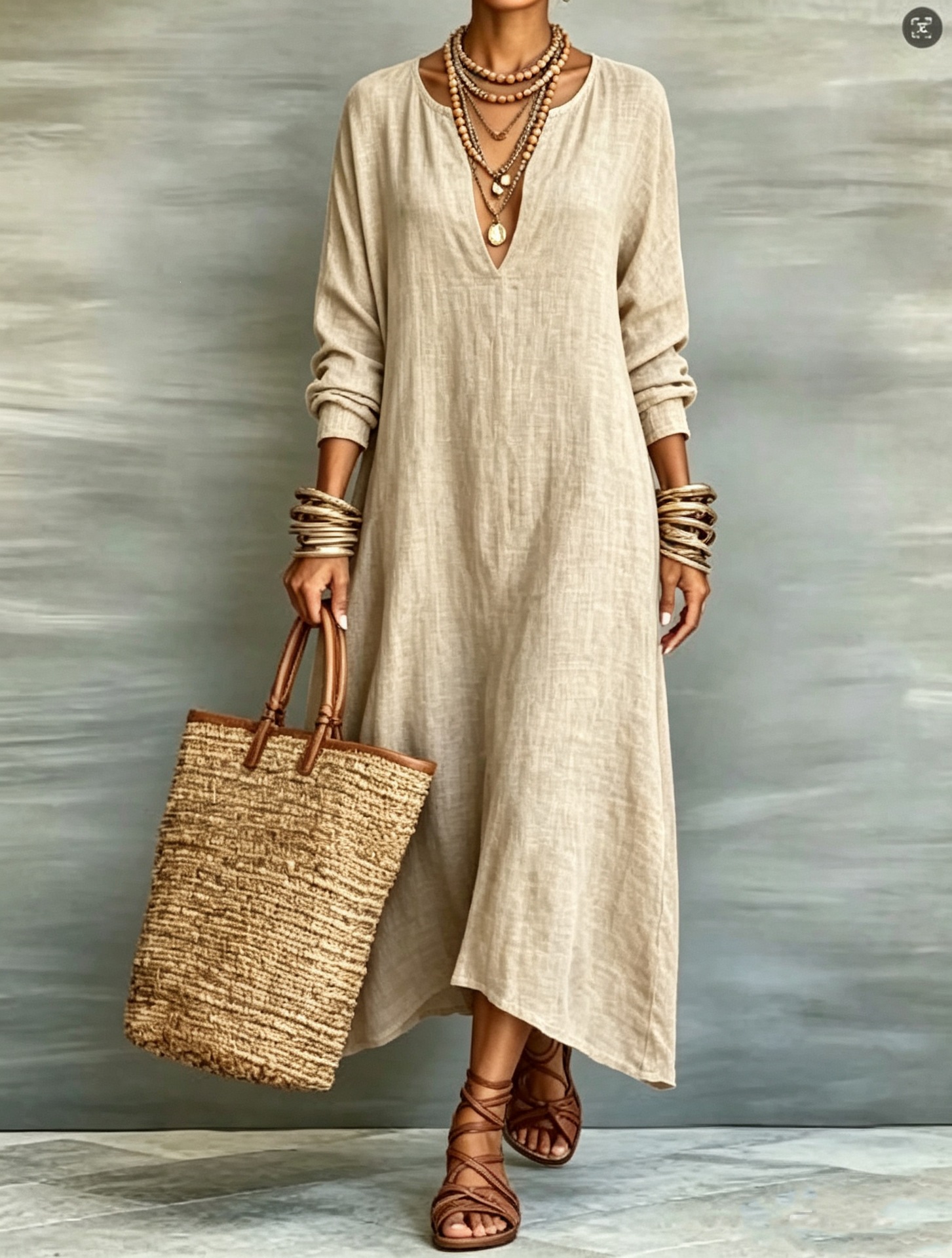 Retro Solid Deep V-Neck Long Sleeve Loose Maxi Dress