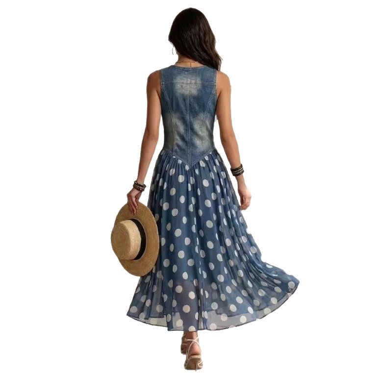 Polka Dot Faux Denim Print Sleeveless Long Dress