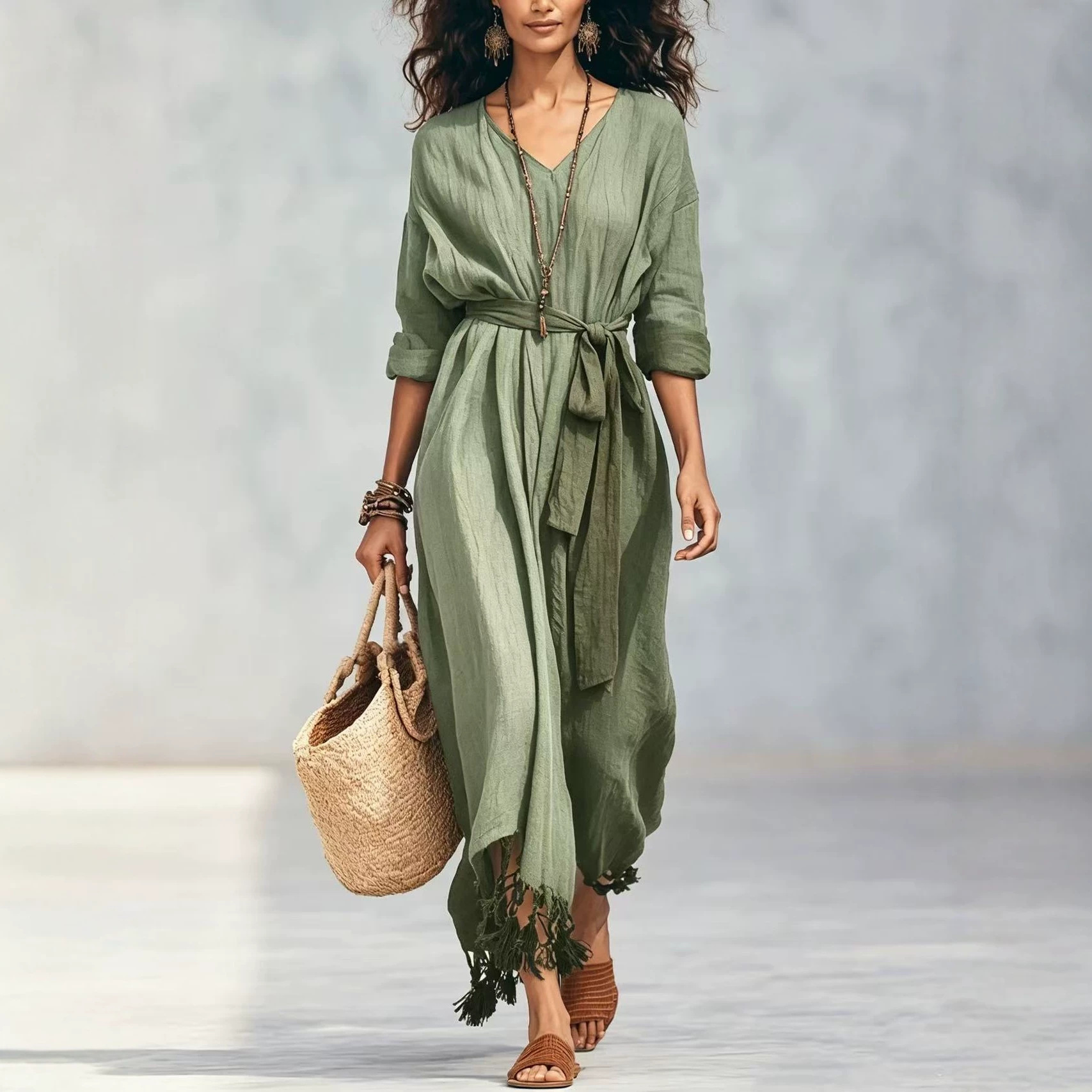 Boho V-Neck Tie-Front Fringe Hem Midi Dress
