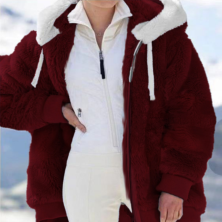 Women's Loose Solid Fleece Zip-Up Hooded Jacket