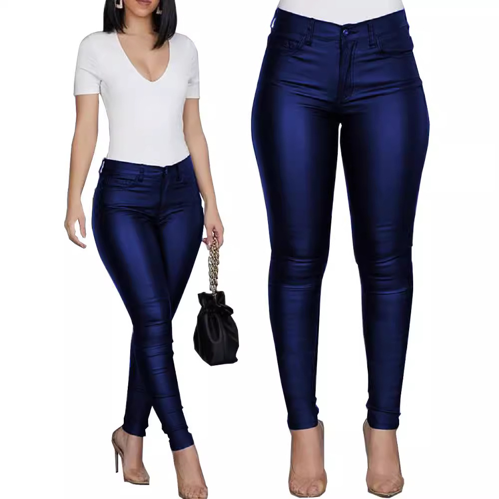 Women's Solid Color PU Leather Skinny Pants Slim Fit Mid-Rise Long Trousers