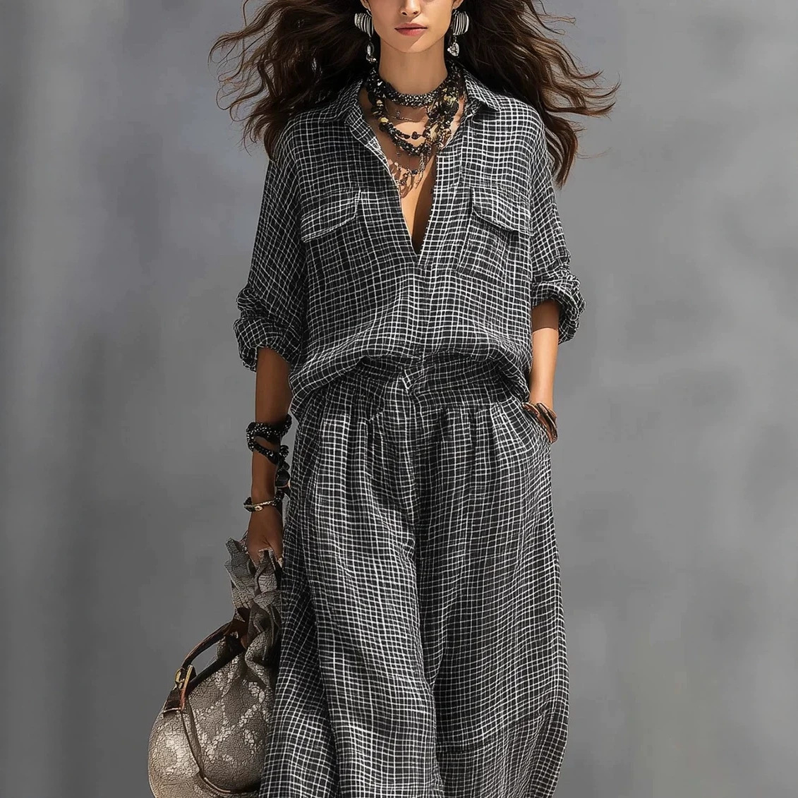 Women's Retro Vacation Two-Piece Set Colorblock Streetwear