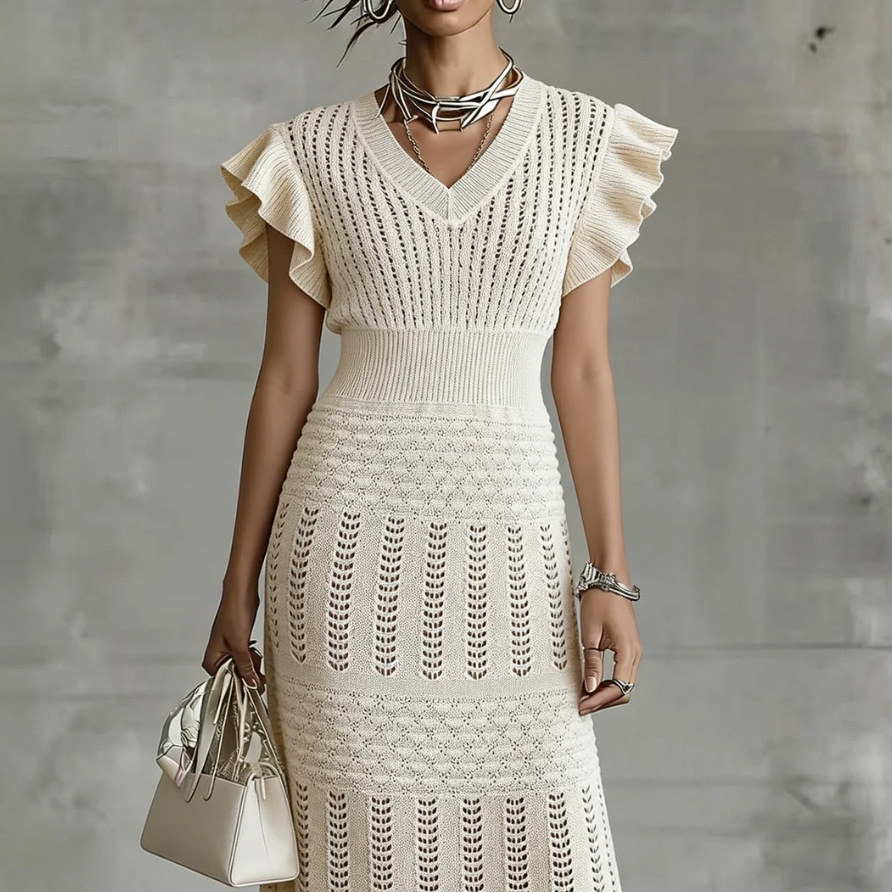 Women's V-Neck Ruffle Short Sleeve High Waist Midi Knit Dress