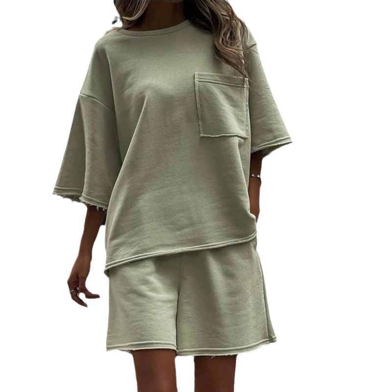 Women's Casual Summer Two-Piece Set Solid Crew Neck Short Sleeve Elastic Waist Shorts