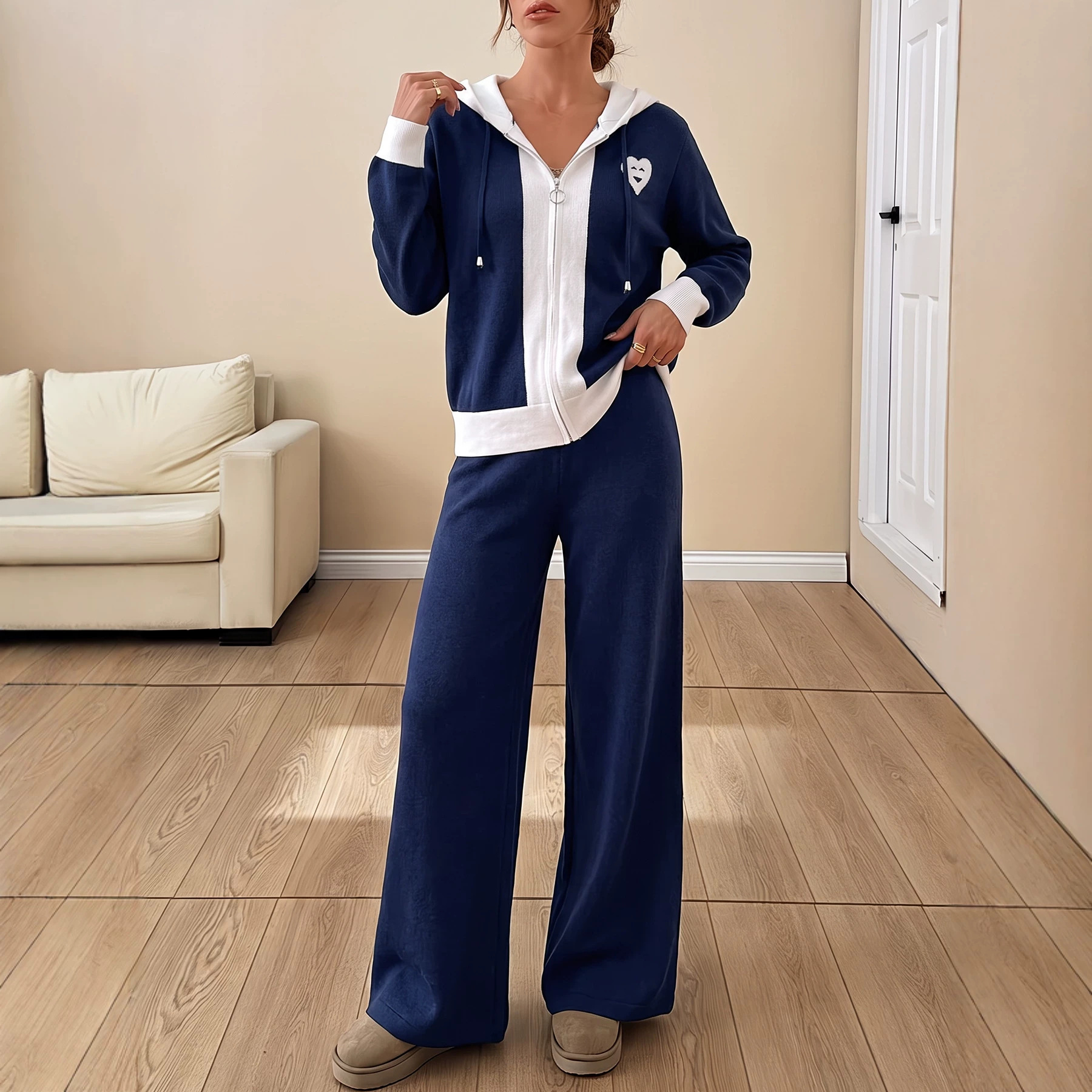 Women's Two-Piece Knit Sweater Set Hooded Zip Cardigan & Wide-Leg Pants