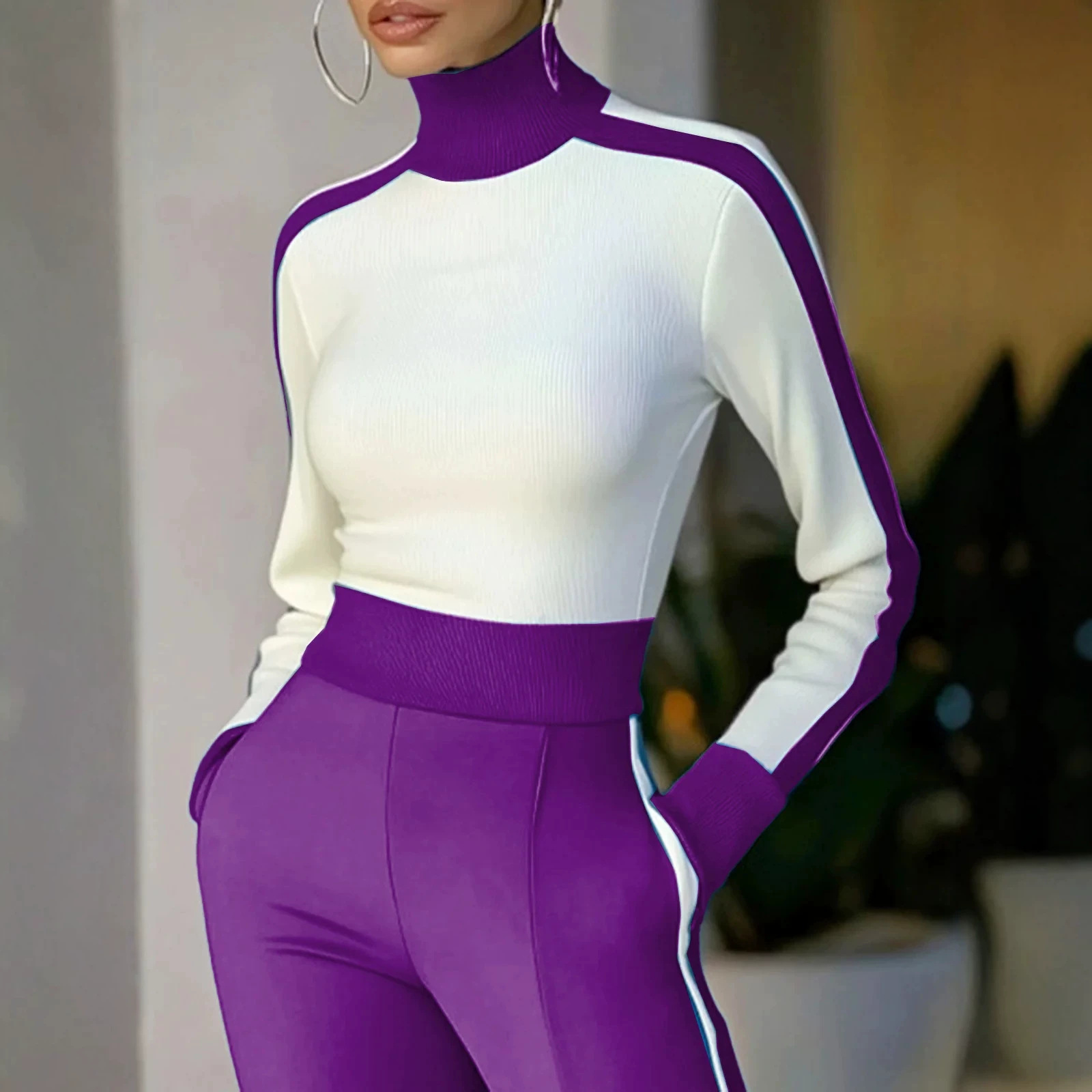 Elegant Color-Block Knit Two-Piece Set with Fitted Pants