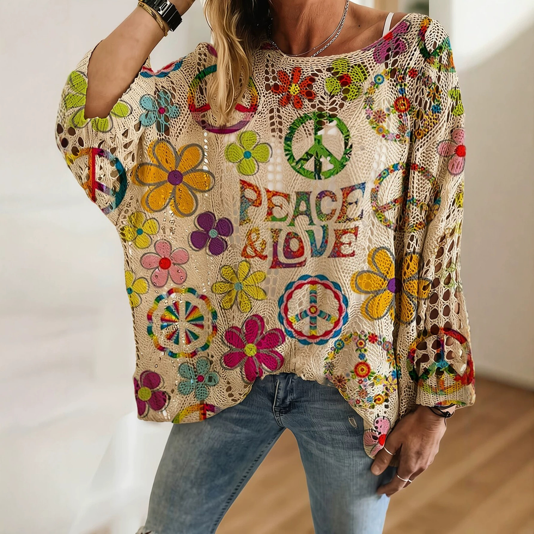 Women's Crochet Hollow-Out Colorful Print Batwing Sleeve Knit Sweater