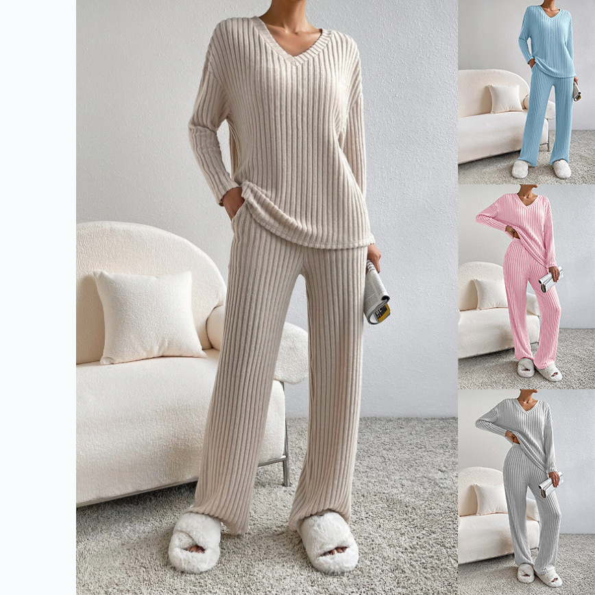 Women's Casual Straight-Leg Ribbed V-Neck Pant Set