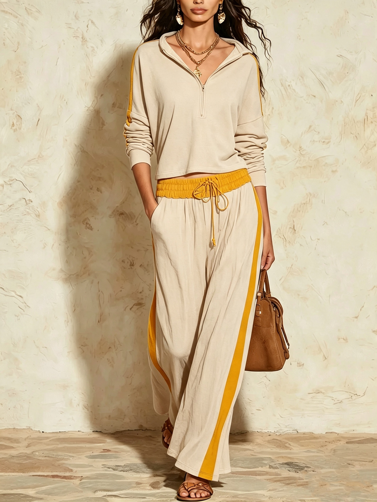 Color-Block Half-Zip Top & High-Waist Wide-Leg Pants Two-Piece Set
