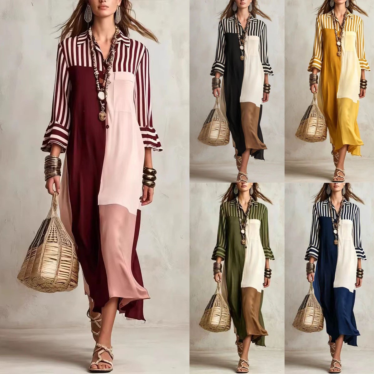 Striped Color-Block Shirt Dress with Three-Quarter Sleeves and V-Neck