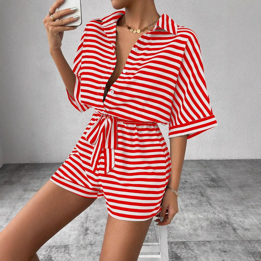 Striped Collared Button-Front Midi Sleeve Belted Shorts Romper for Women