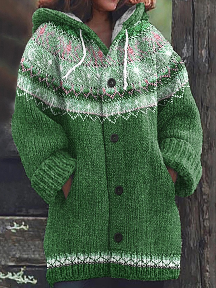 Women's Floral Leaf Print Hooded Button Cardigan Sweater