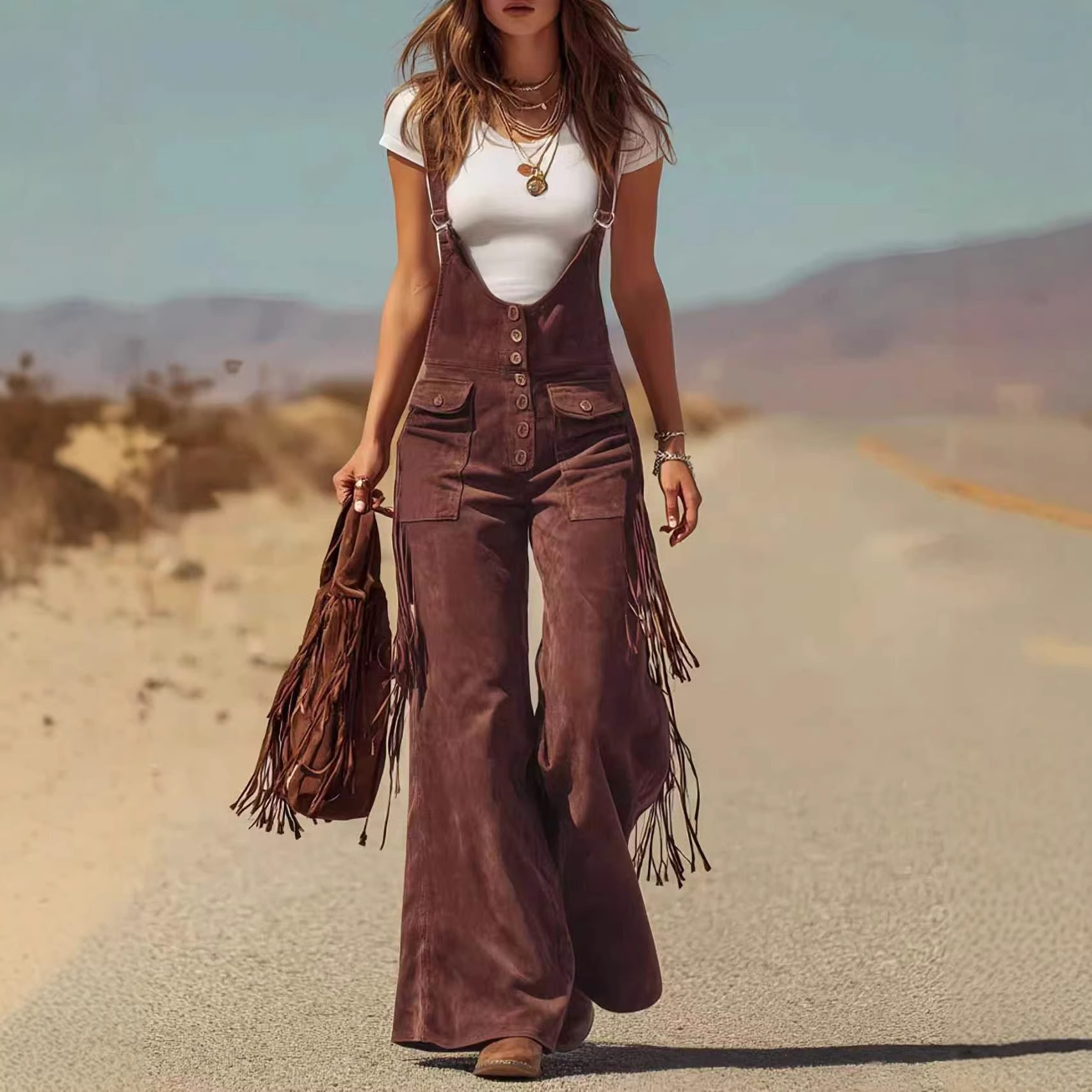Retro Western Faux Suede Fringe Wide-Leg Overalls