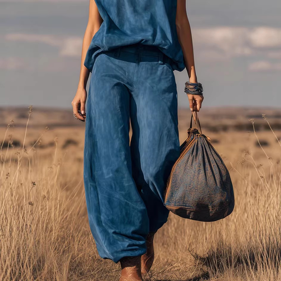 Western-Style Sleeveless Wide-Leg Jogger Suede Set