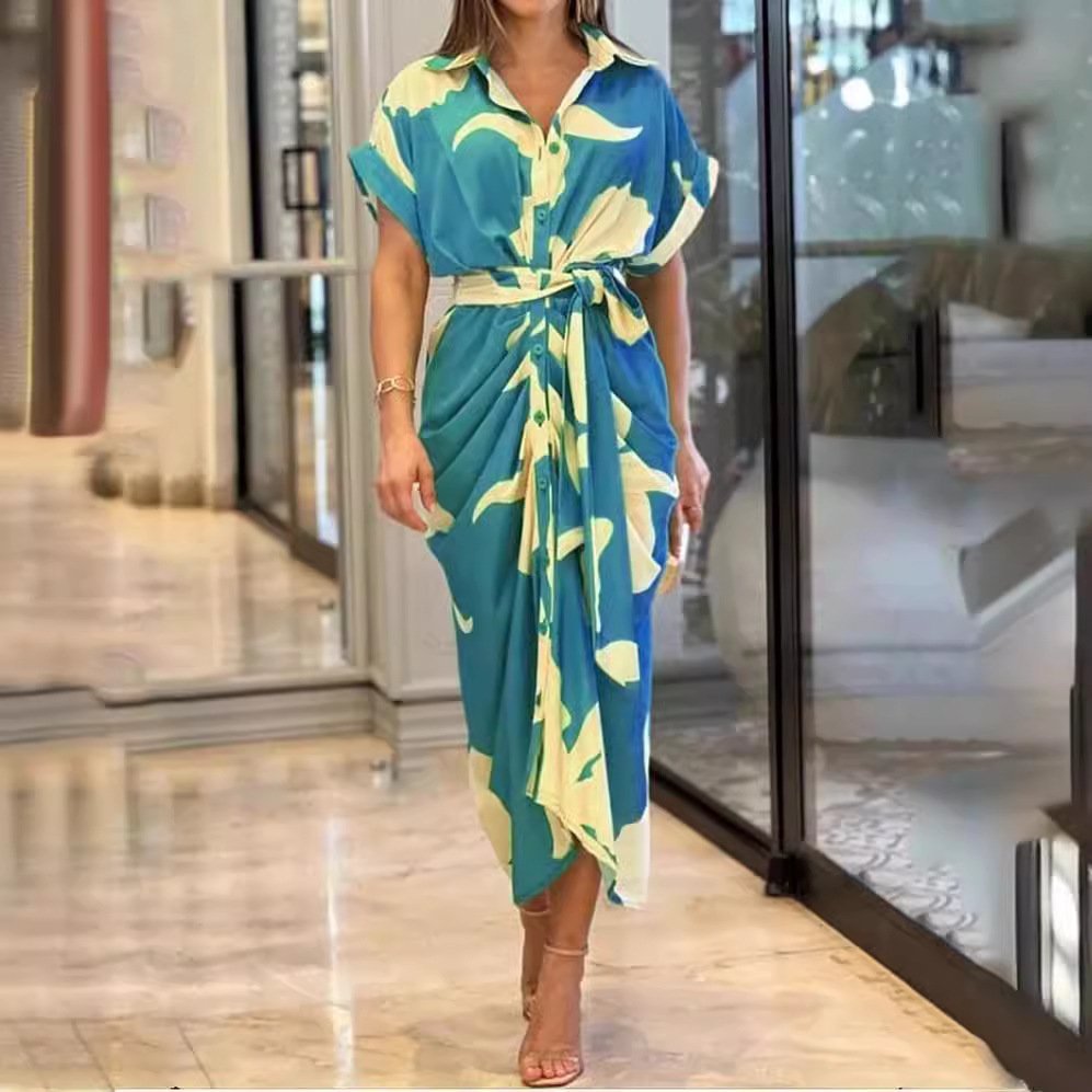 Women's Floral Print Button-Front Midi Shirt Dress Short Sleeve