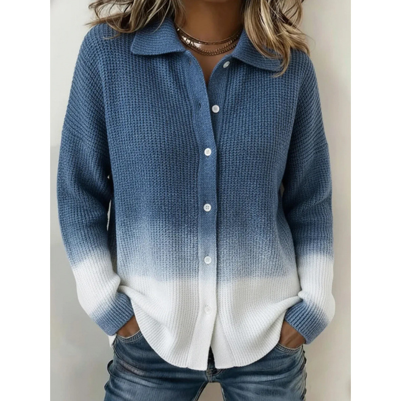 Women's Collared Button-Front Cardigan Sweater, Solid 3D Print Knit, Loose Fit