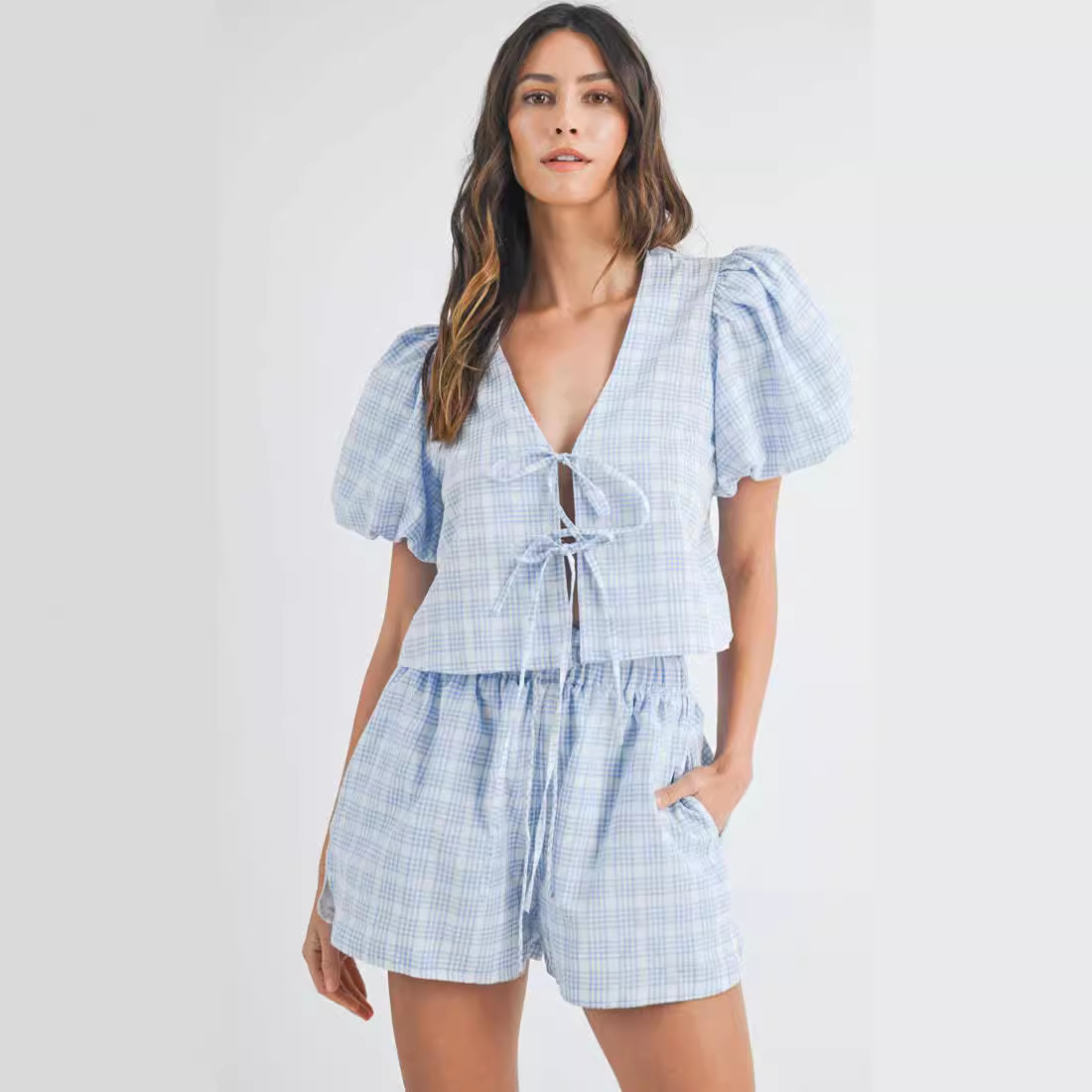 Women's V-Neck Tie Bow Puff Sleeve Plaid Two-Piece Set
