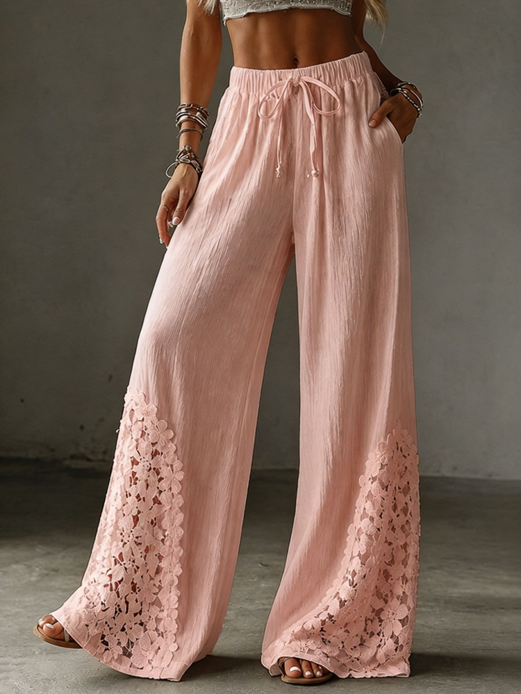 Women's Solid Lace Pocket Drawstring Wide-Leg Pants