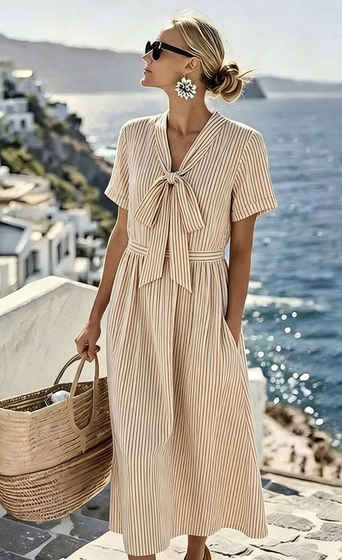 Women's Bow Casual Dress with Minimalist Print