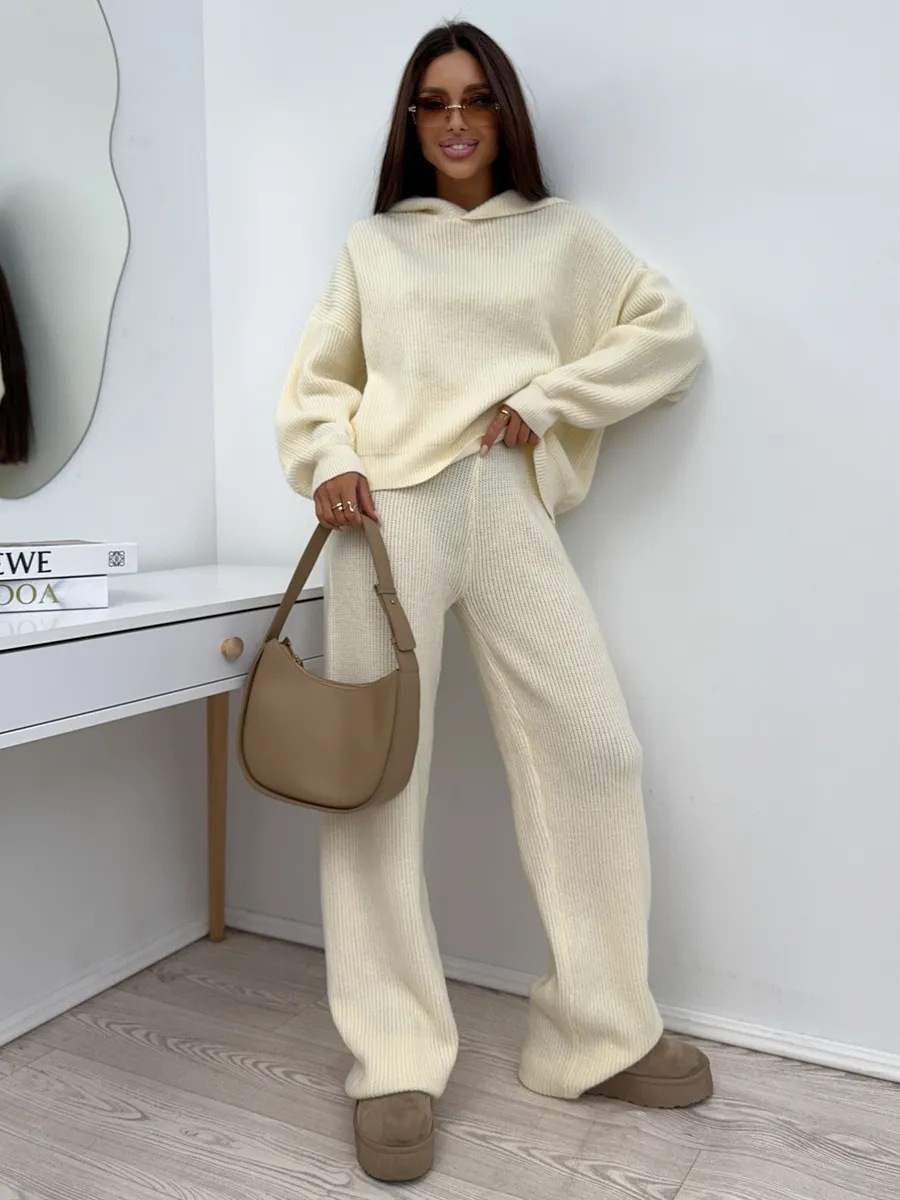 Women's Solid Color Long Sleeve Hooded Knit Top and Tie-Leg Pants Two-Piece Set