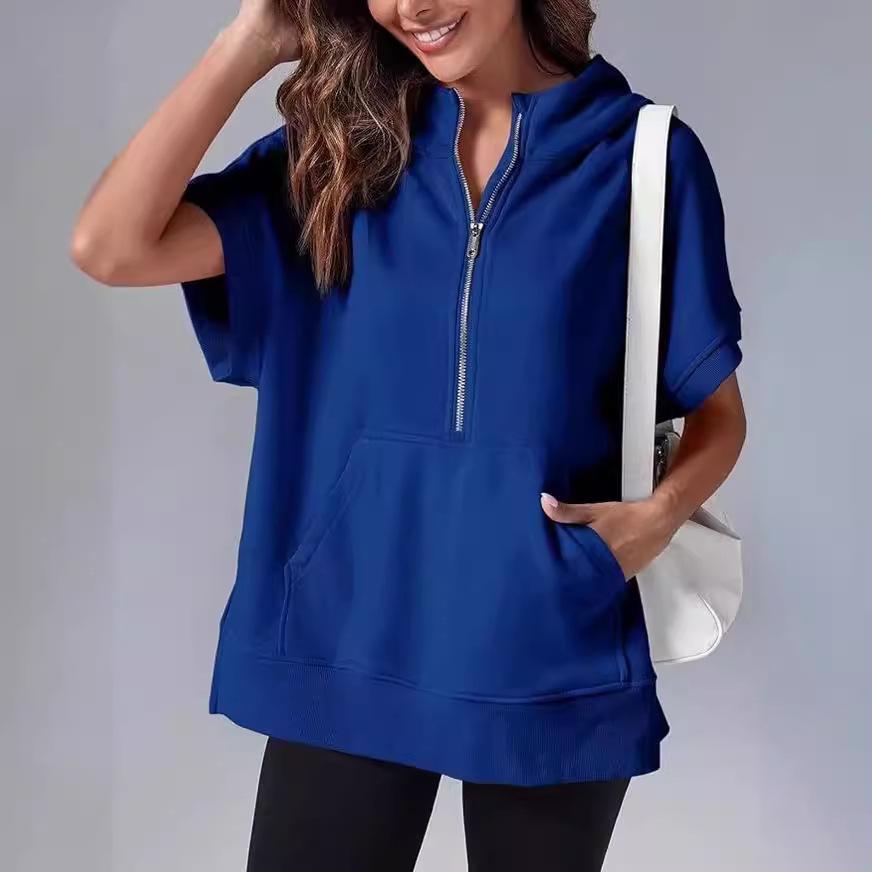 Solid Color Casual Short Sleeve Hooded Sweatshirt