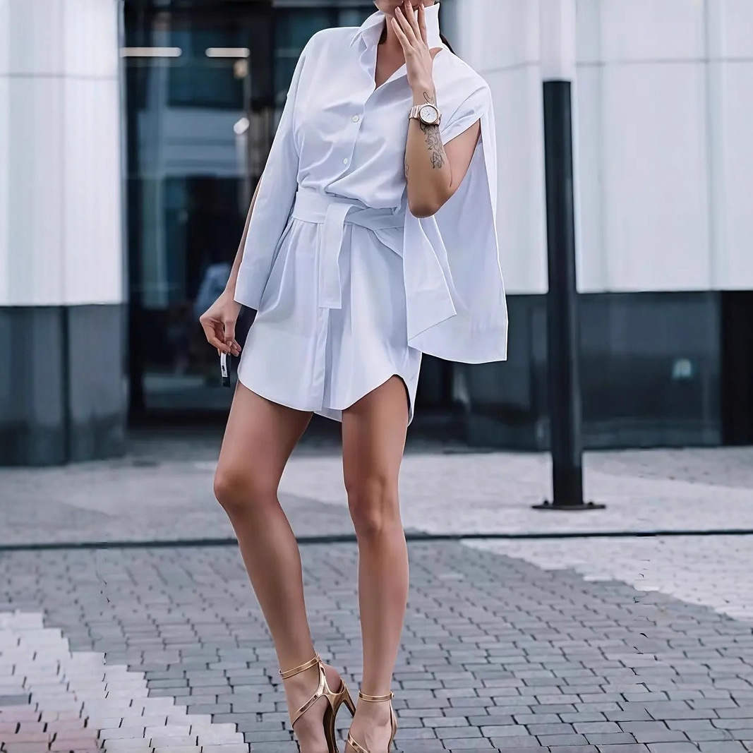 Elegant Tie-Neck Irregular Sleeve Spliced Shirt Dress