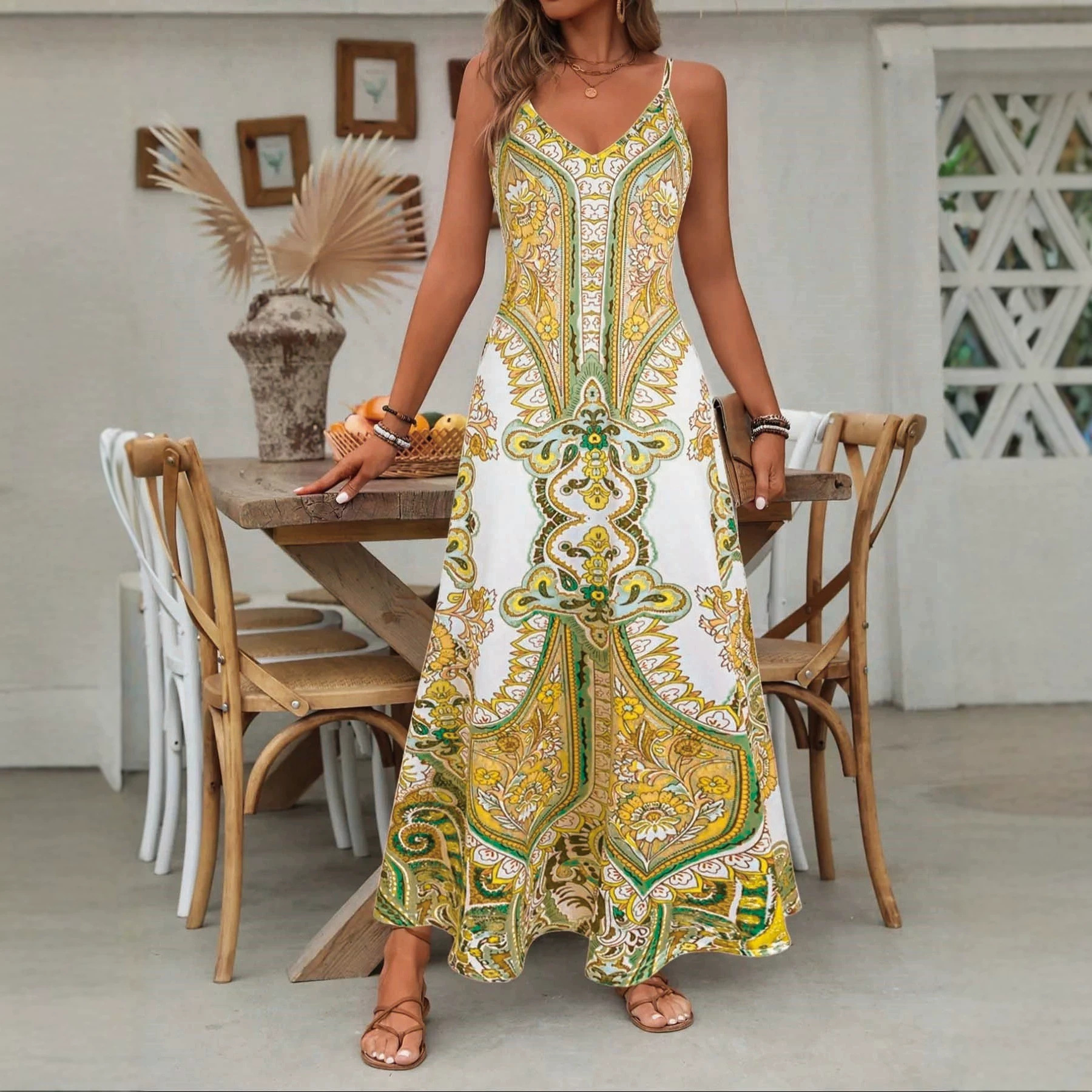 Bohemian Print Sleeveless Slip Maxi Dress