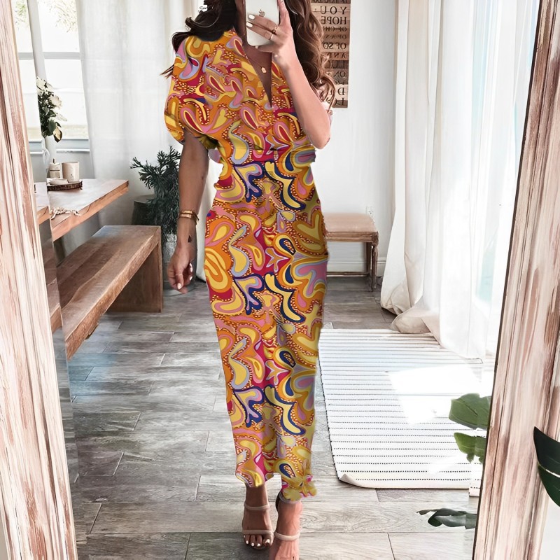 Elegant Short Sleeve Solid Knot High Waist A-Line Long Dress