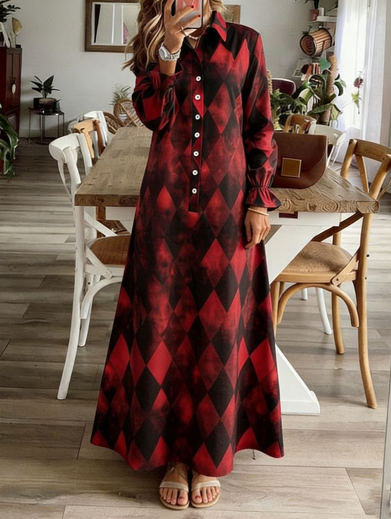 Plaid Ruffle Sleeve Loose A-Line Long Dress