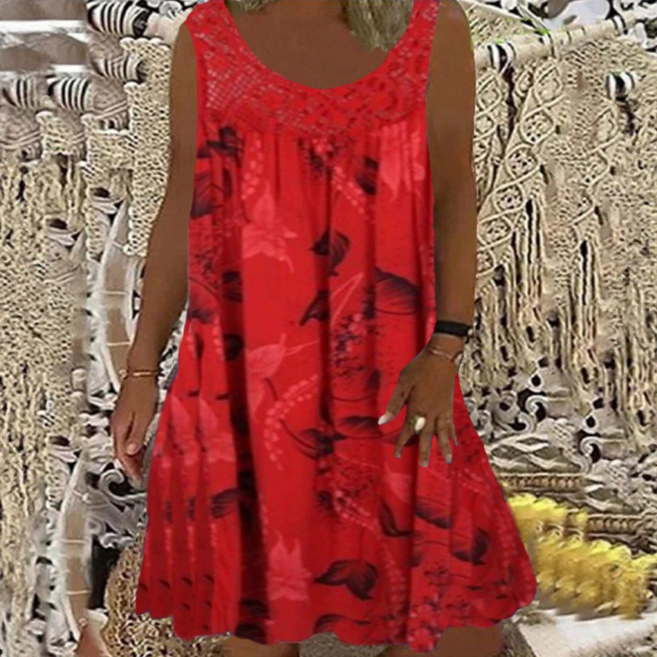 Women's Vintage Floral Butterfly Midi Dress Sleeveless Round Neck Slim Fit