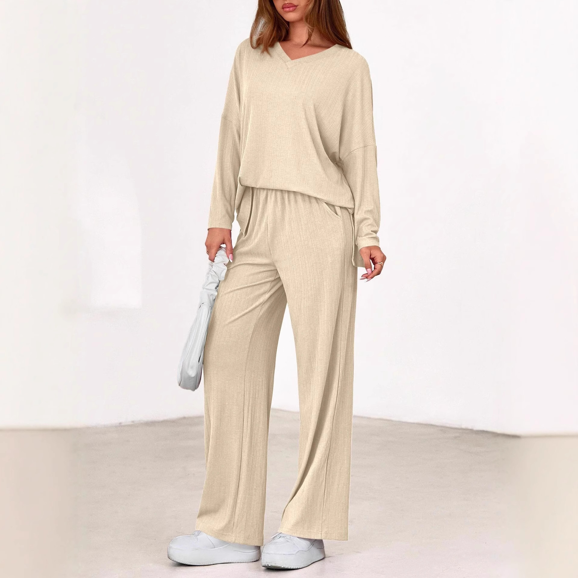 Women's Relaxed Long-Sleeve Top and Pants Two-Piece Set with Pockets