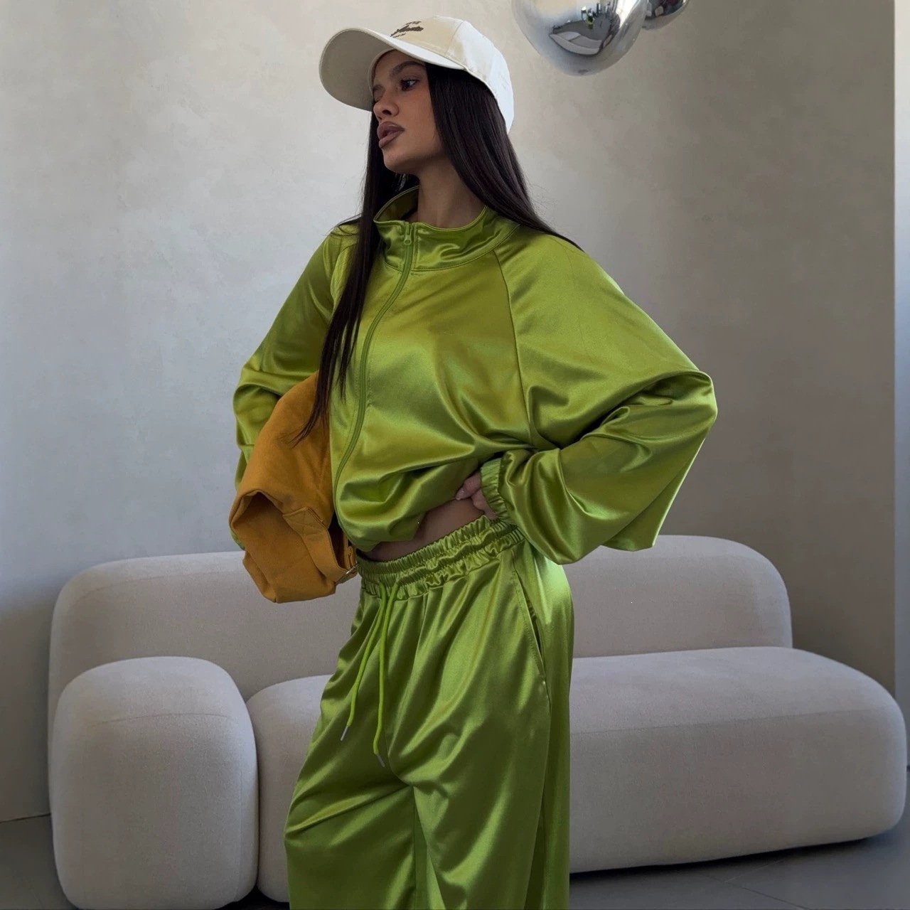 Women's Lake Blue Satin Oversize Short Sleeve Top and Pants Set