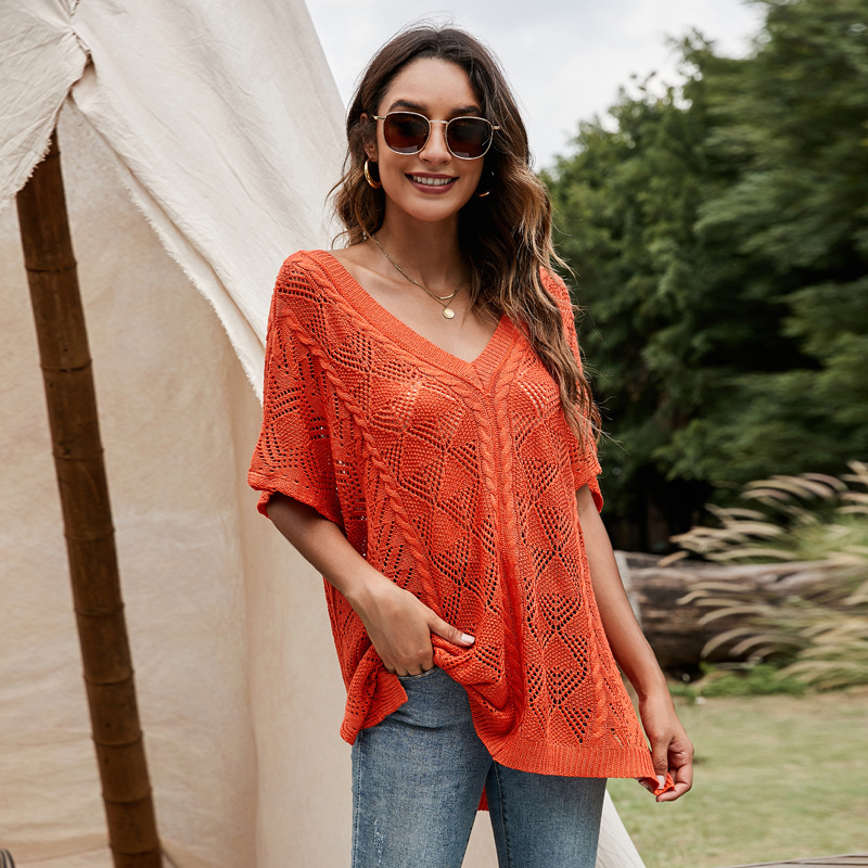 Women's Summer Batwing Sleeve V-Neck Hollow-Out Knit Cover-Up