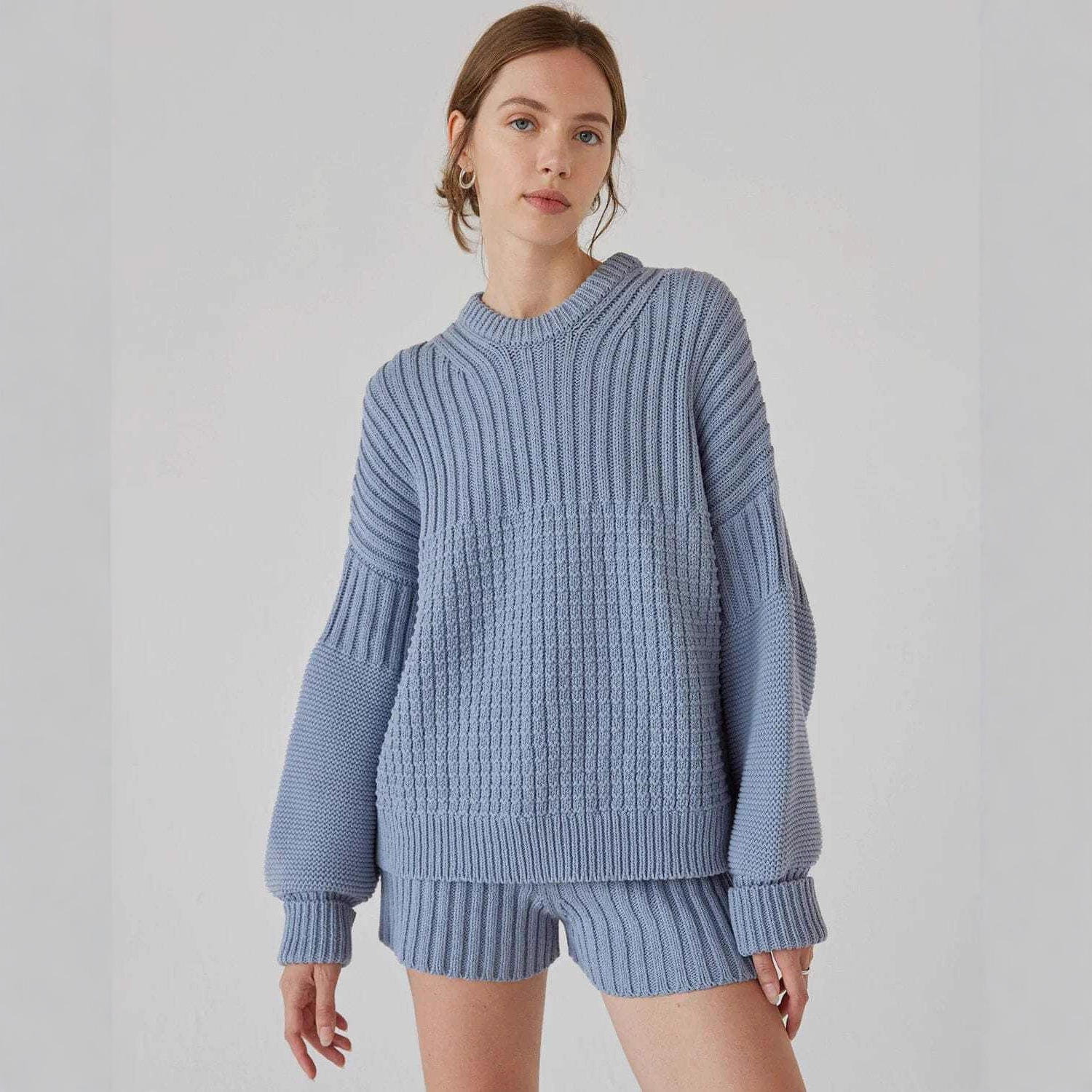 Women's Knit Crewneck Long Sleeve Loose Casual Shorts Two-Piece Set
