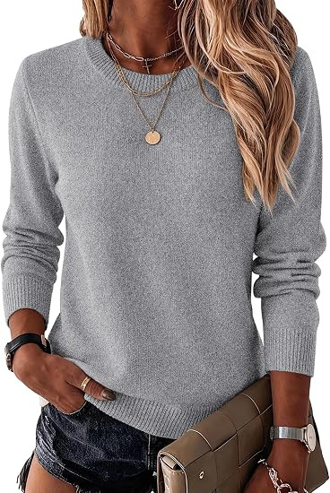 Women's Crewneck Knit Sweater Solid Color Pullover Long Sleeve