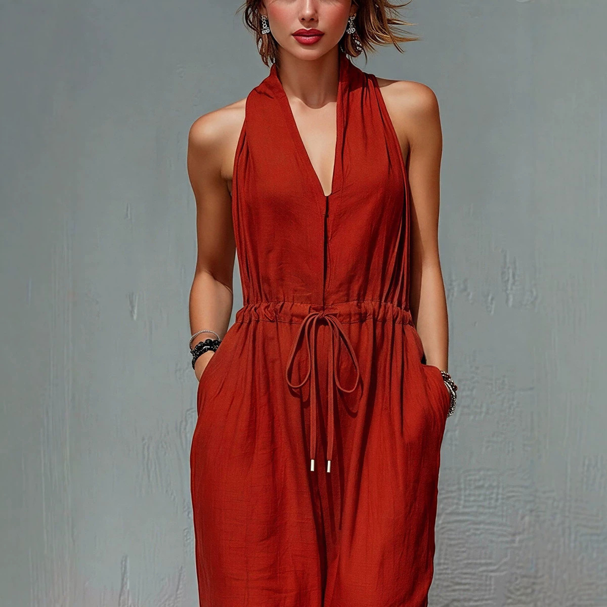 Women's Sleeveless Solid Color Long Wide-Leg Jumpsuit for Vacation