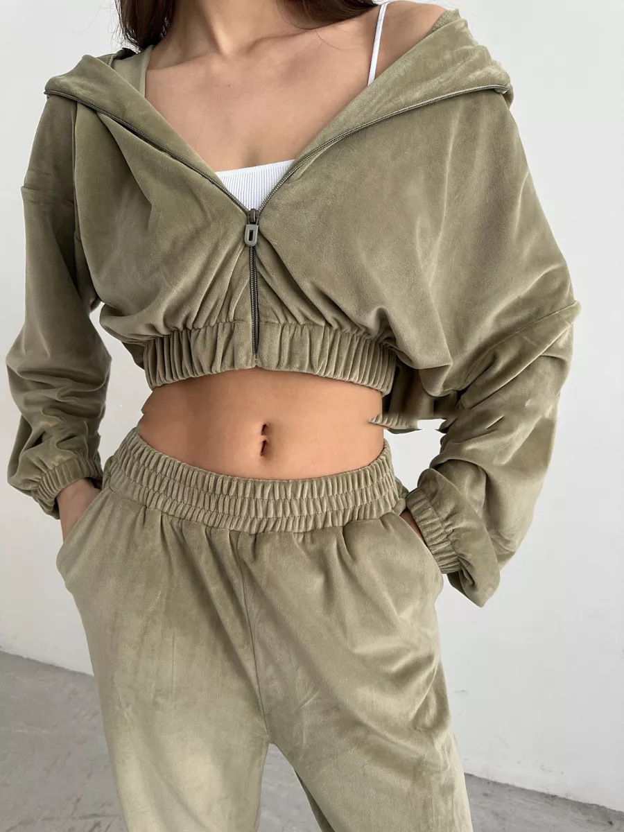 Women's Hooded Zip-Up Sweatsuit 2-Piece Set, Velvet, Long Sleeve