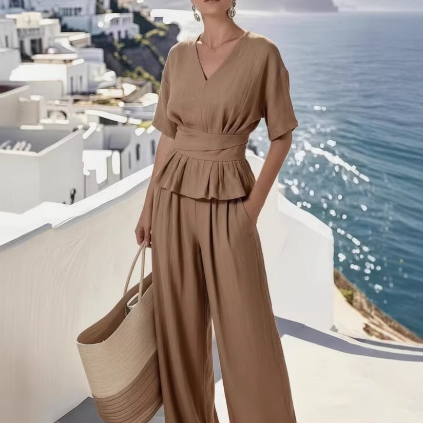 Women's V-Neck Tie Short Sleeve Top & Long Pants Two-Piece Set Casual Minimalist Commuter