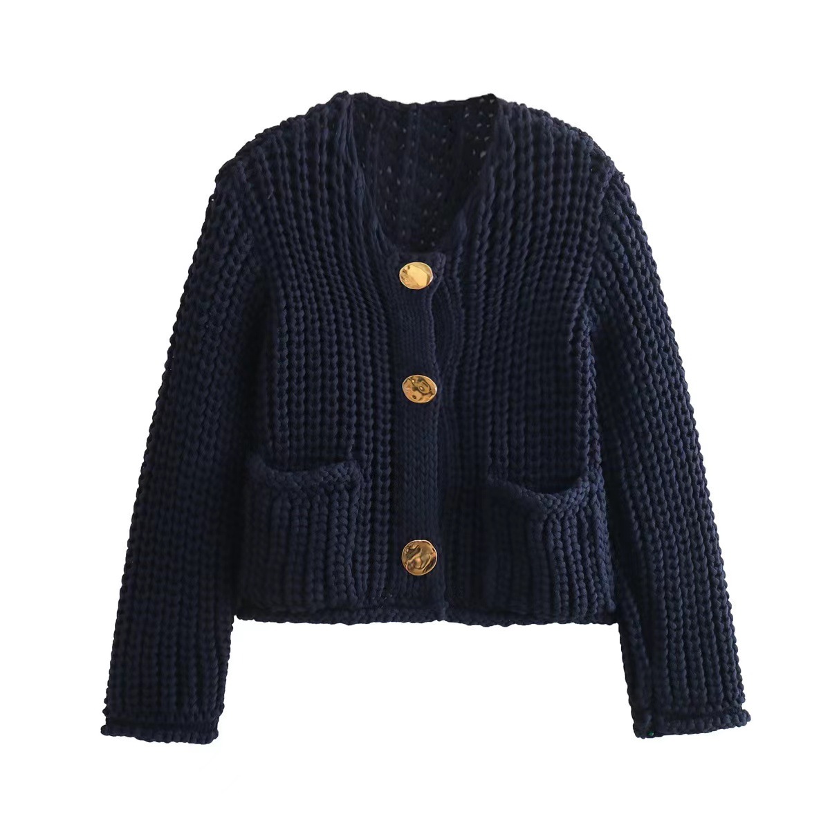 Women's Solid Color Single-Breasted Cropped Chunky Knit Cardigan Sweater