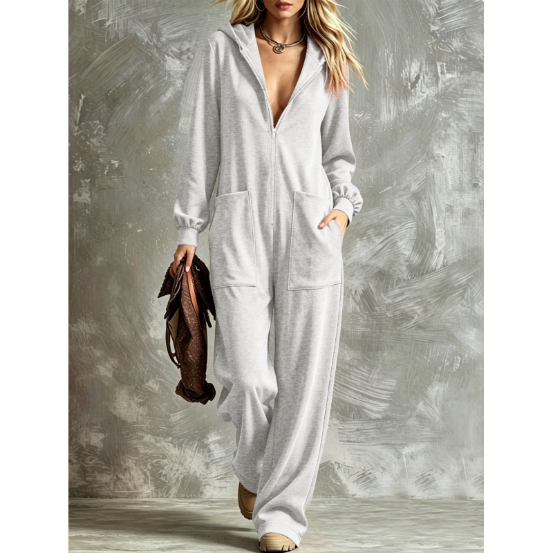 Hooded Full-Zip Loose Straight-Leg Lounge Jumpsuit with Pockets