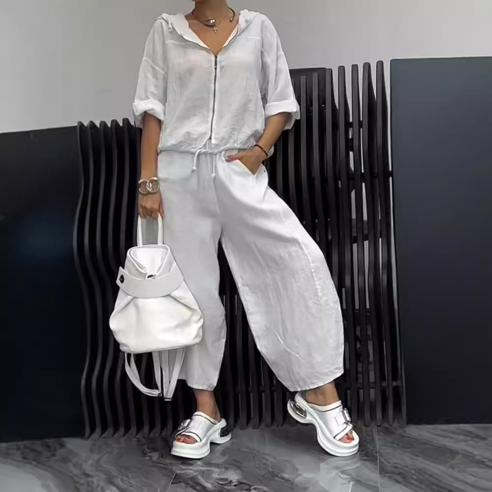 Women's Zip-Up Hooded Cotton-Linen Long Sleeve Top and Pants Set