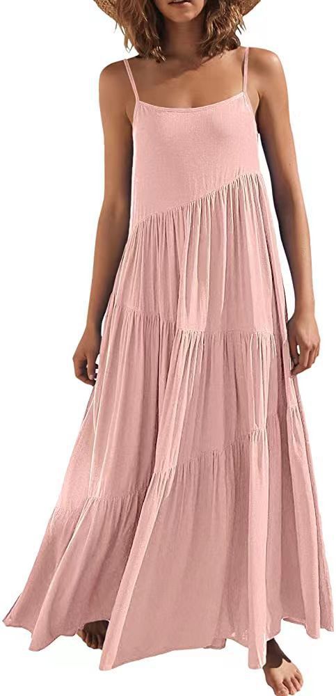 Women's Summer Loose Solid Pleated Sleeveless Halter Long Dress