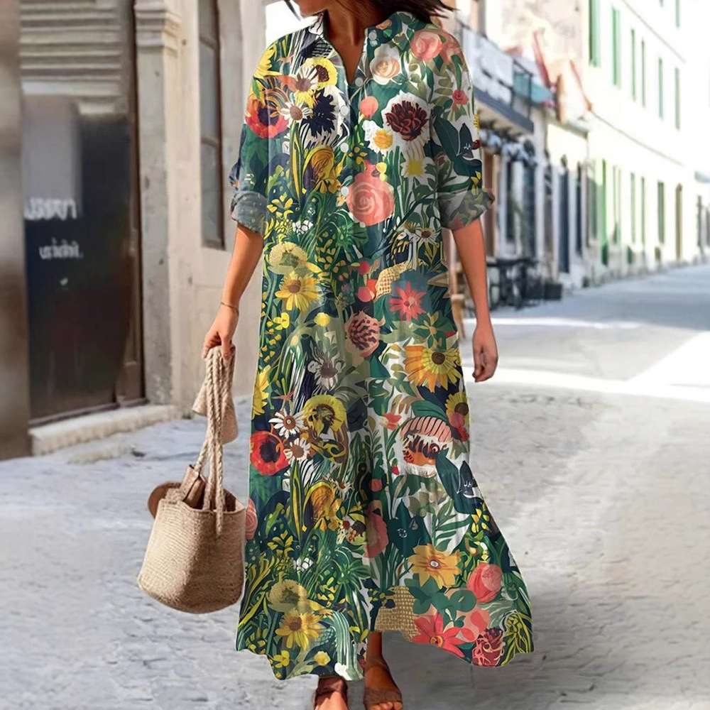 Women's Casual Long Sleeve Collared Digital Print Shirt Dress