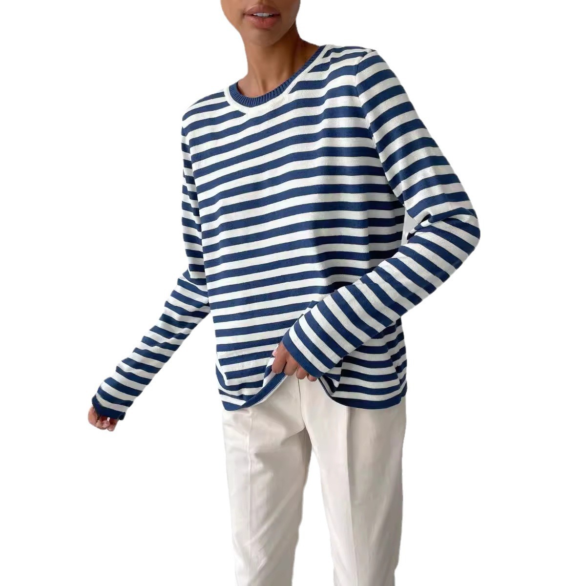 Women's Striped Crewneck Knit Sweater Retro Pullover