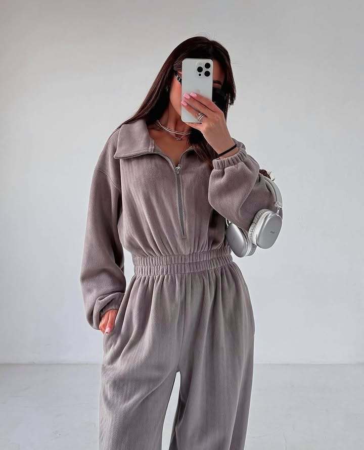 Women's Long Sleeve Jumpsuit with Half Placket and Elastic Waist