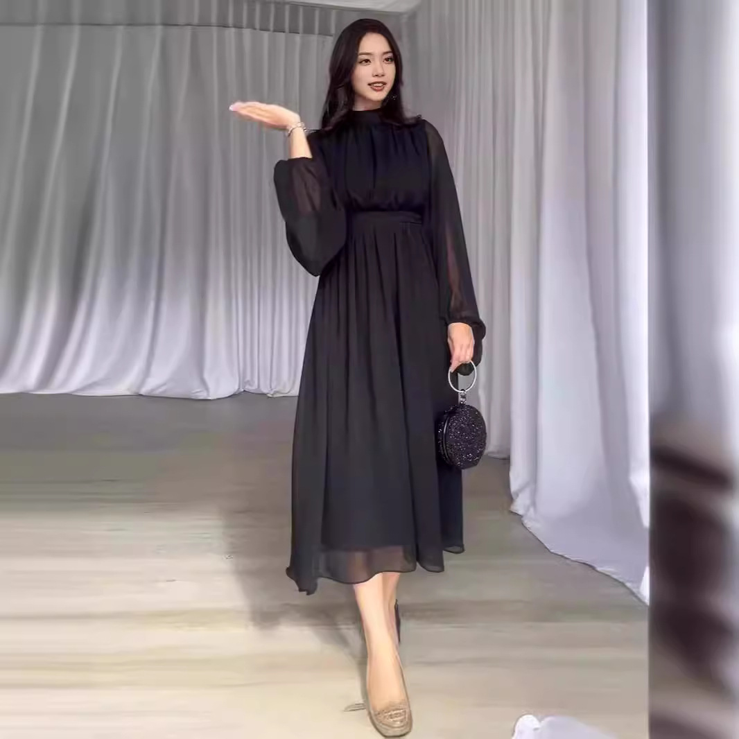 Solid Crewneck High-Waist Pleated Chiffon Dress