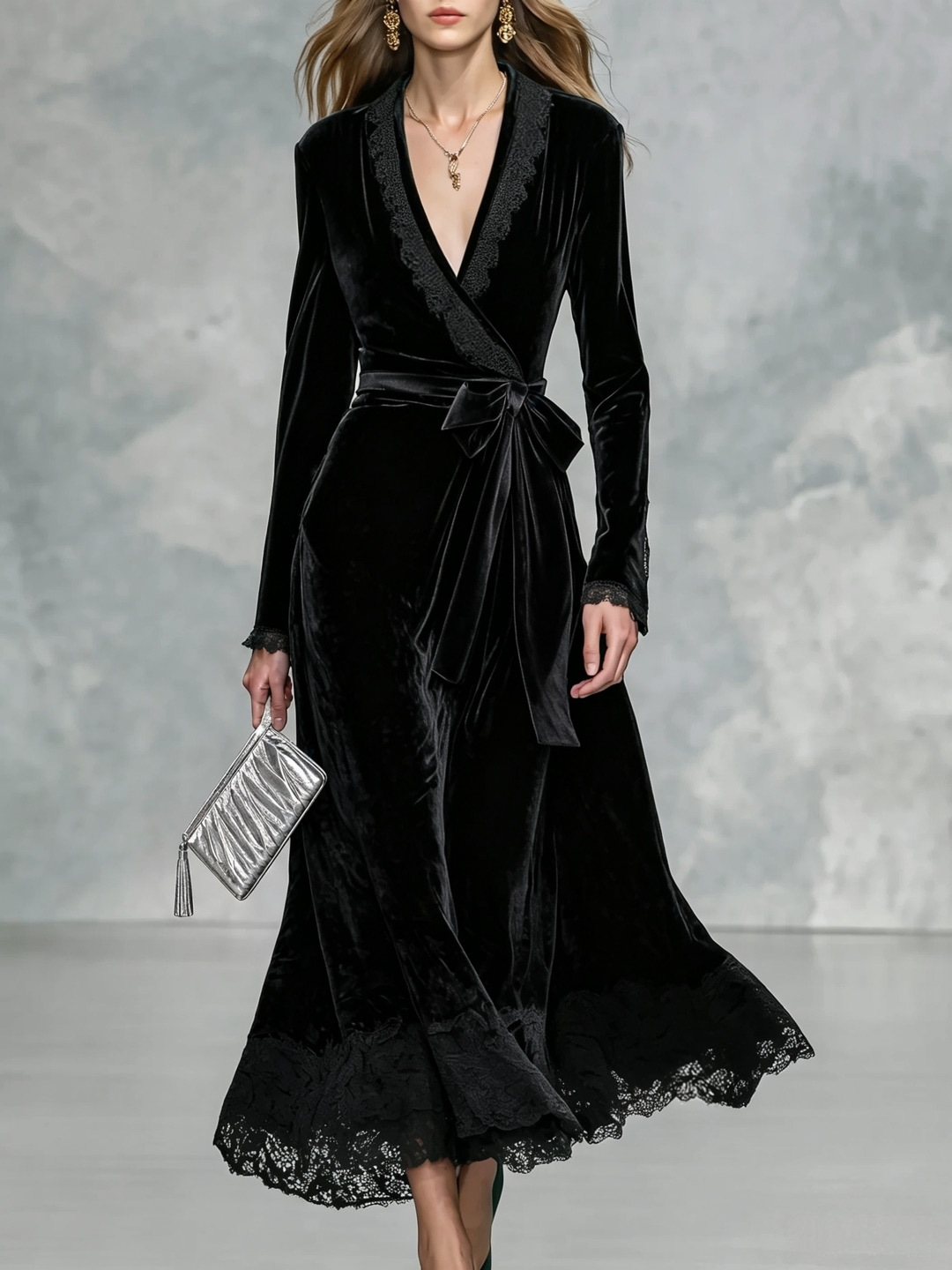 Retro Lace Spliced Lace-Up Waist-Slimming Long Dress