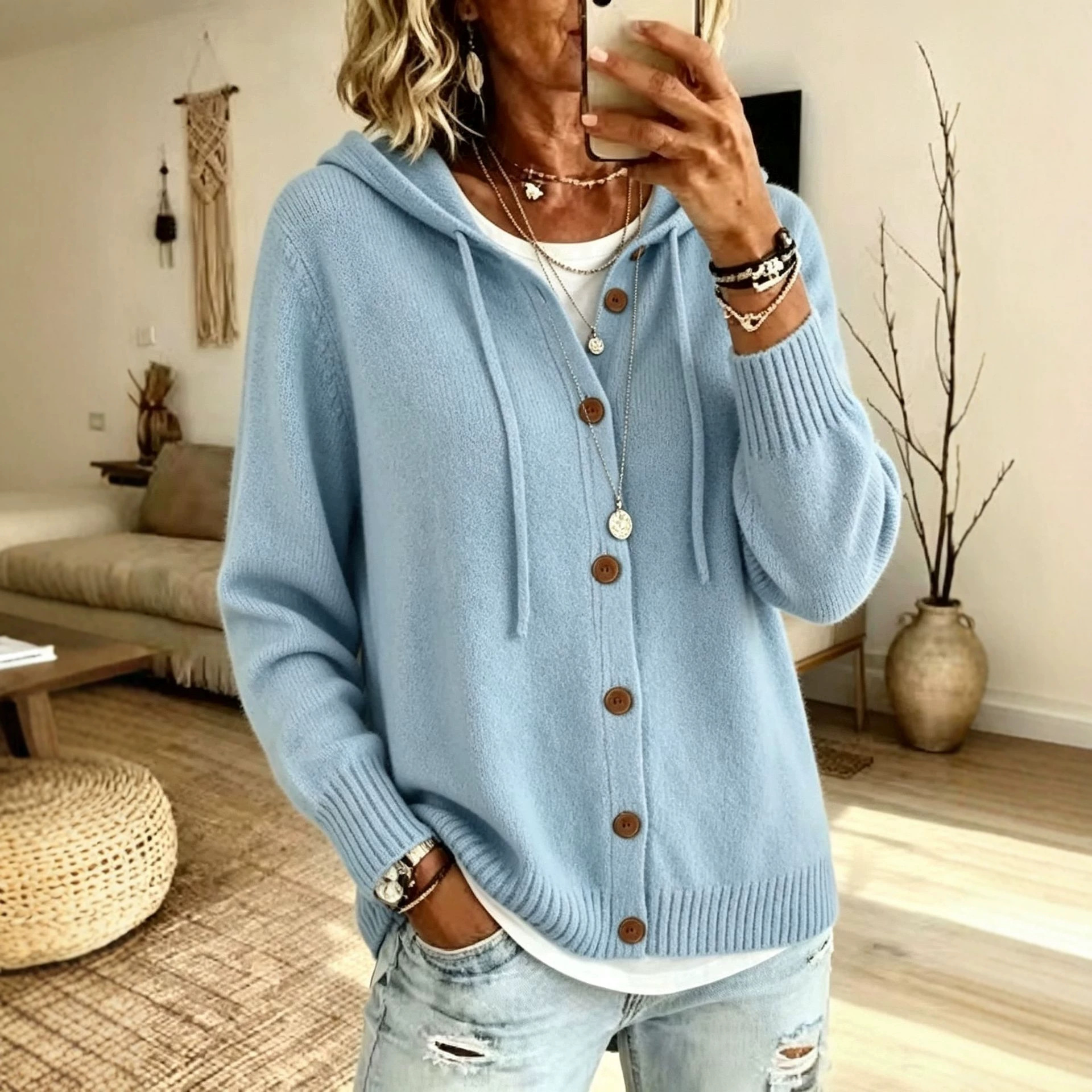 Women's Knit Hooded Drawstring Cardigan Sweater with Buttons